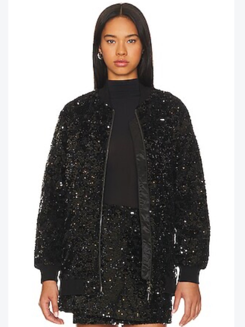 ZARA Black Sequin Long Bomber Jacket Size S